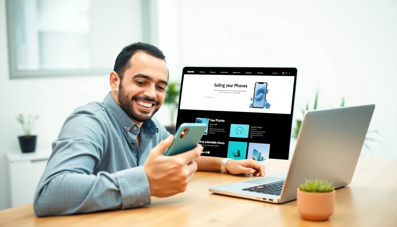 Sell phone cash near me: An individual happily engaged in selling their device online with a laptop.