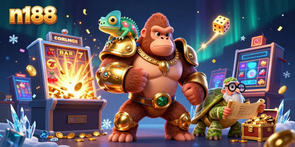 Experience n188's vibrant online gaming world with colorful 3D characters and casino elements bursting with excitement.