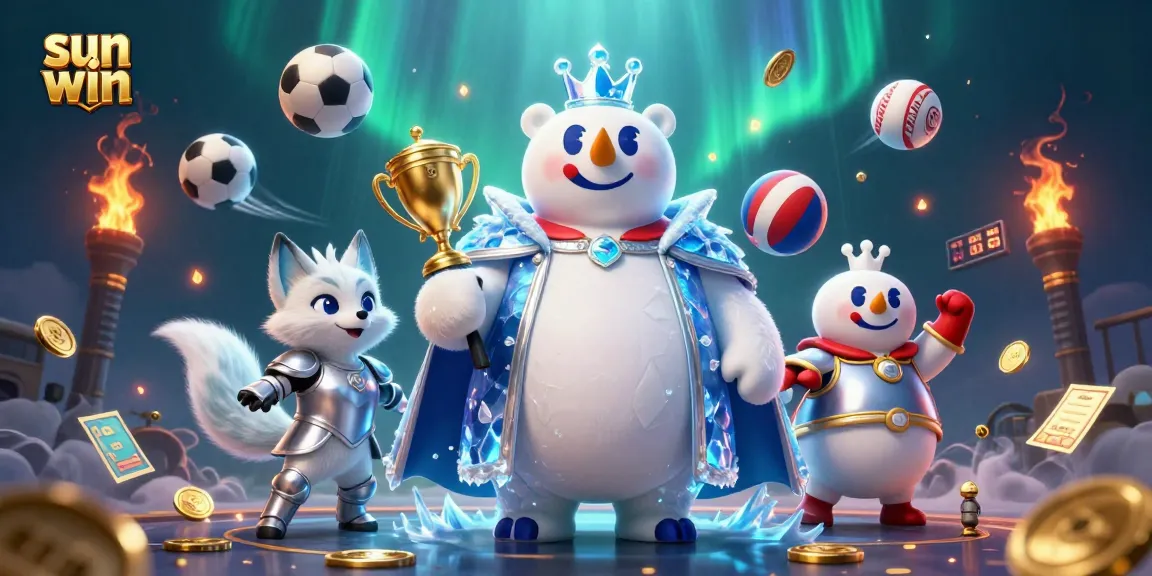 Sun win features vibrant energy with a 3D ice king polar bear and snow fox in a thrilling gaming scene.