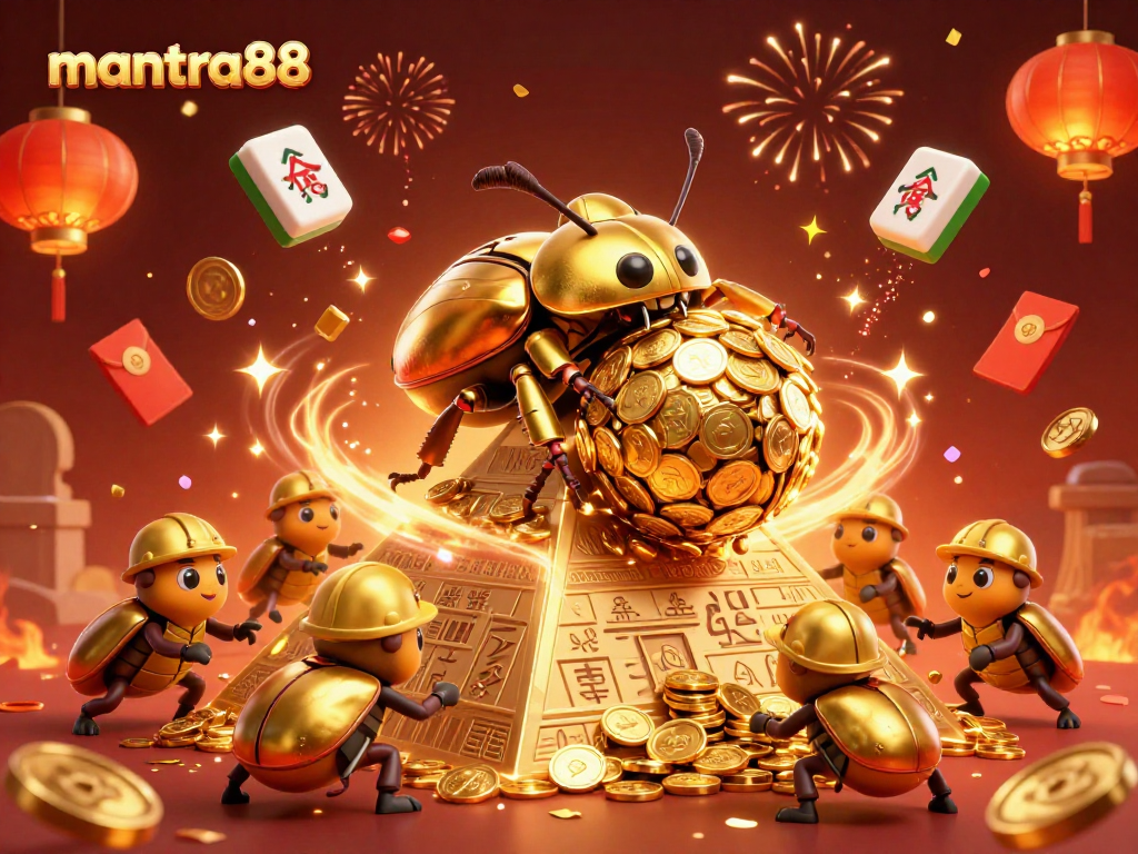 Experience thrilling wins at mantra88 with vibrant golden beetles and celebratory game elements.
