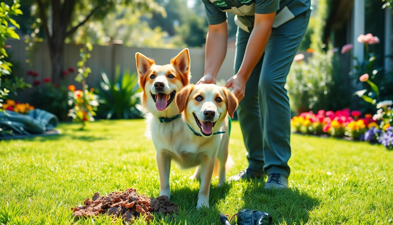 Dog poop cleanup services near me with a technician cleaning a yard while a happy dog plays.