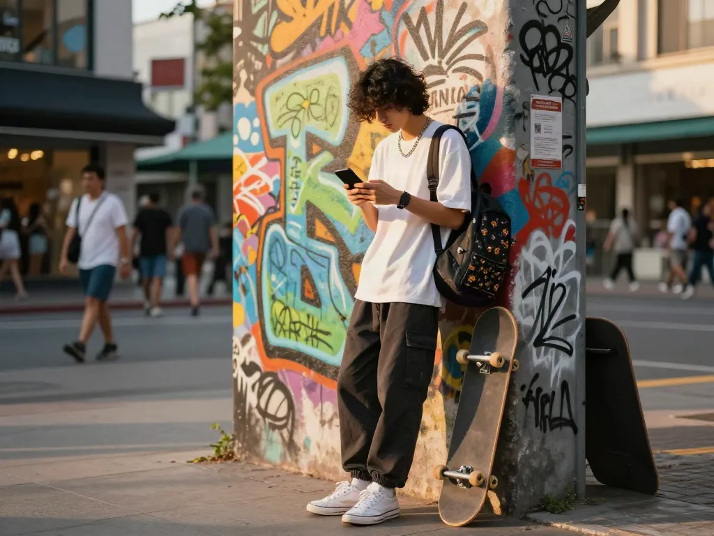 Youth in trendy streetwear engaging with smartphone, embracing the prev lifestyle.