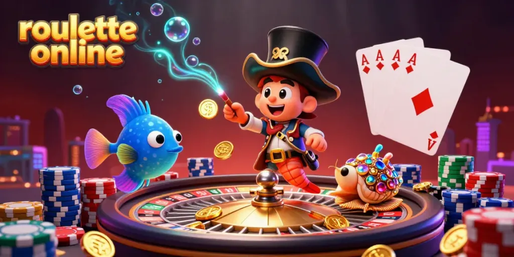 Engage in roullete online with glowing deep-sea characters surrounded by vibrant casino elements.