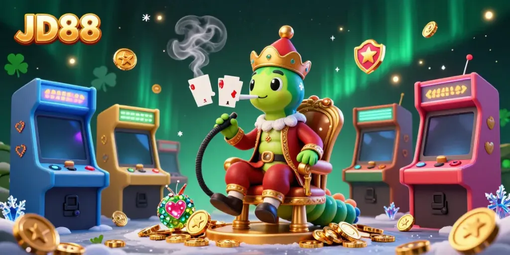 Experience the enchanting world of JD88 with a vibrant 3D casino scene featuring a caterpillar master creating poker smoke rings.