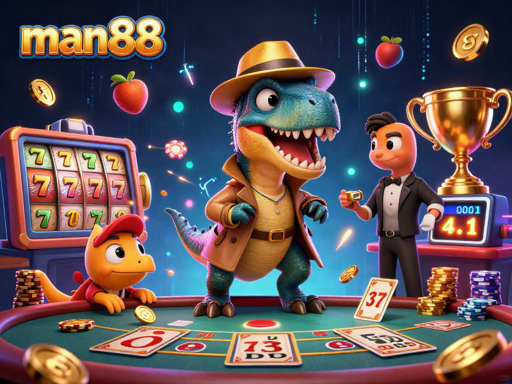 Experience excitement at man88 with a vibrant scene of quirky characters and casino elements.