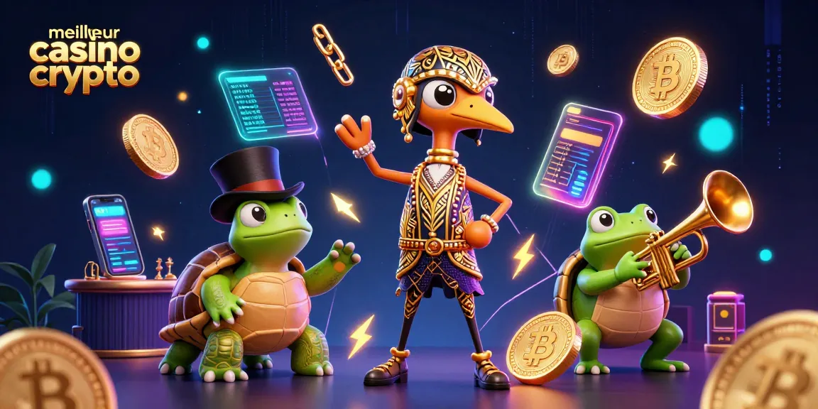Plongez dans l'univers du meilleur casino crypto avec cette scène animée riche en couleurs et en détails, incorporant des pièces Bitcoin et Ethereum.
