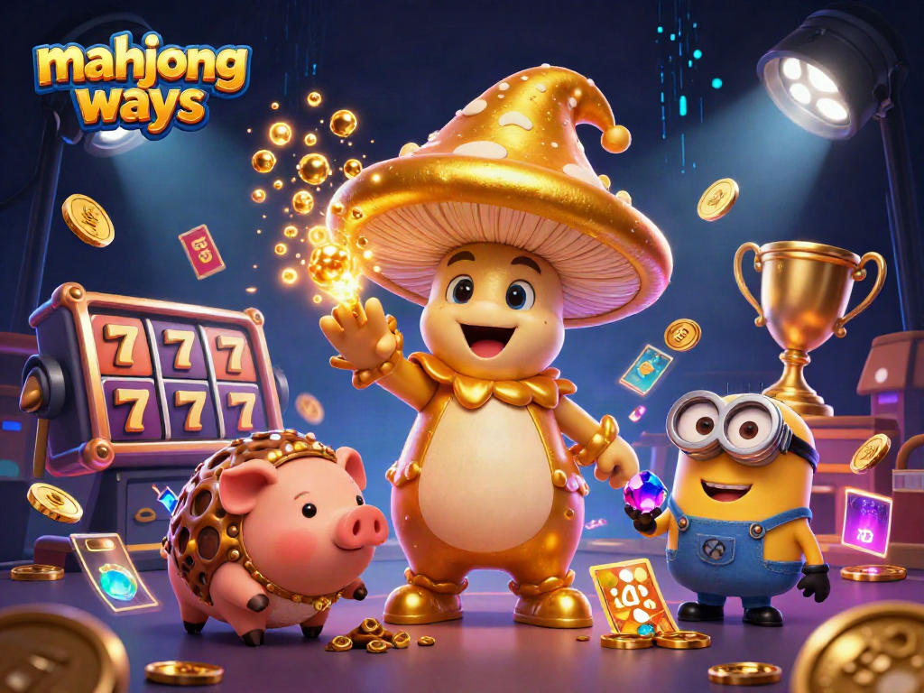 Experience thrilling mahjong ways with a golden mushroom wizard amid vibrant casino elements.