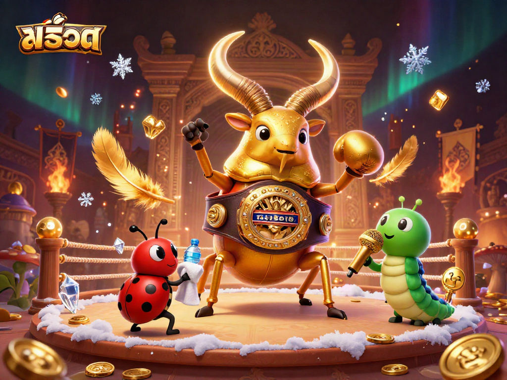 Engage in สล็อต excitement with a dynamic 3D illustration featuring a heroic golden stag beetle and more.
