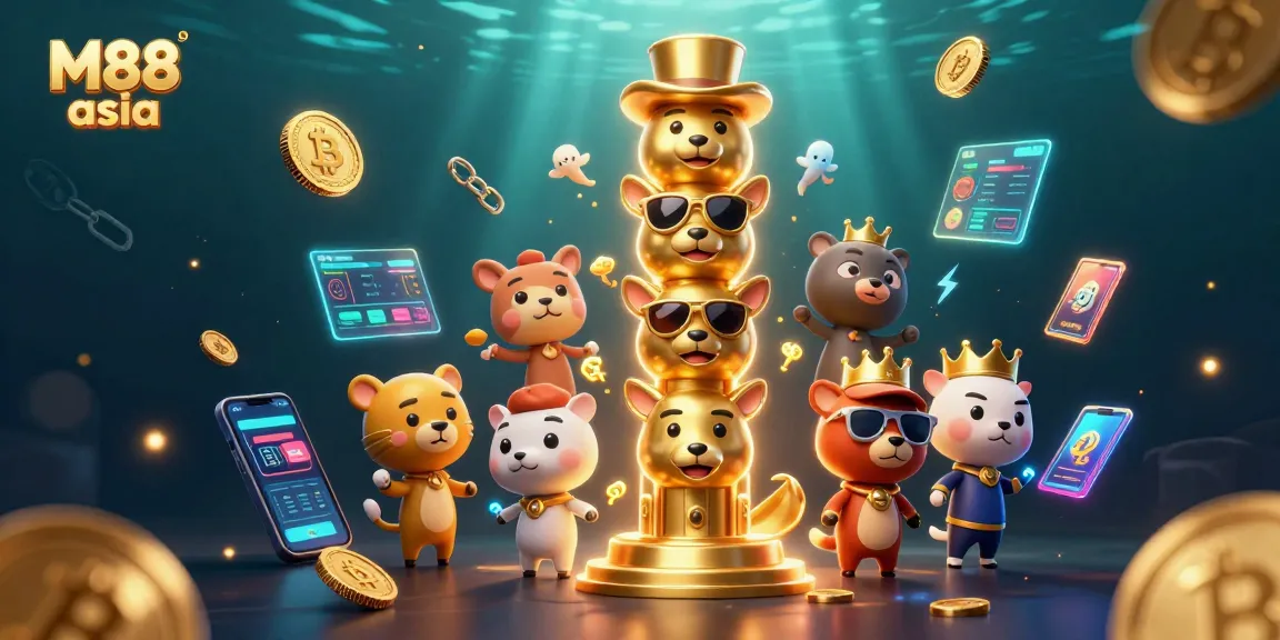 Experience M88 asia with vibrant casino-themed characters and luminous crypto elements.
