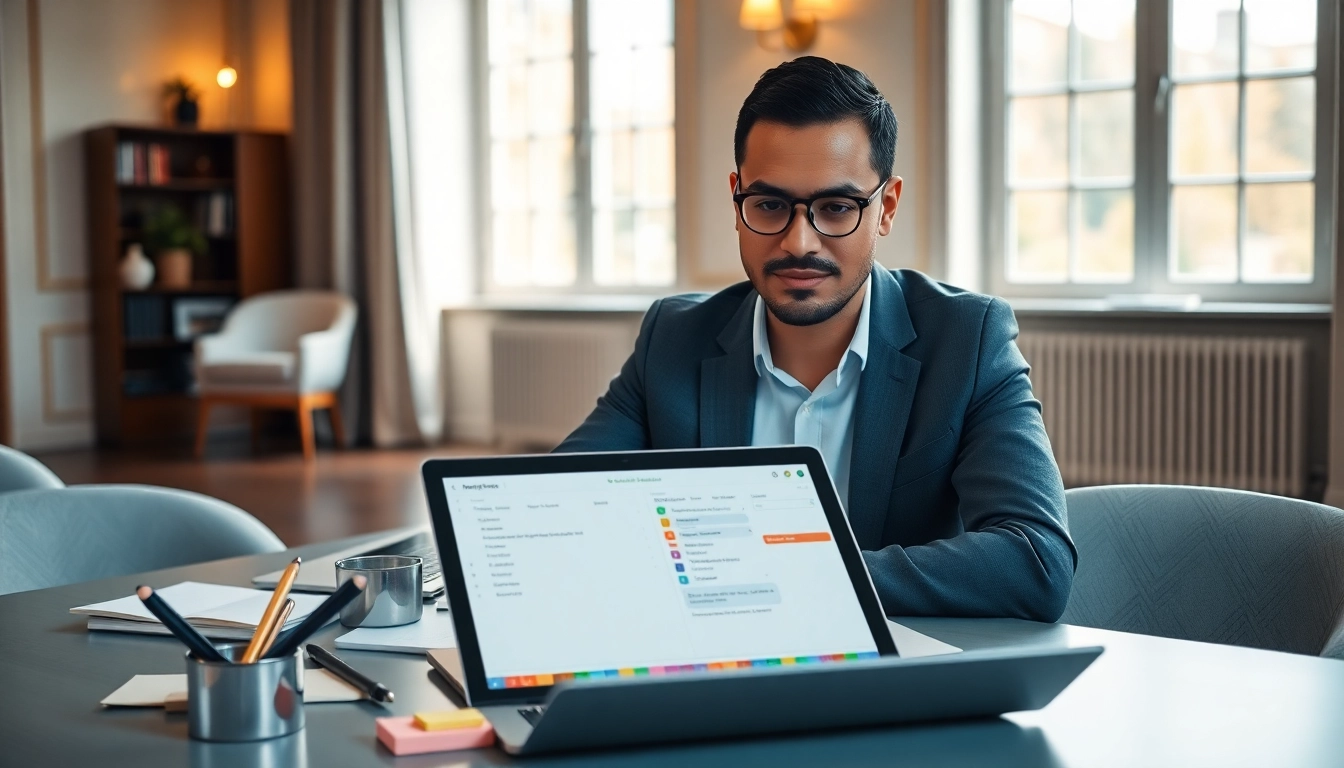 Seamlessly Organize Your Day with a professional individual using a digital planner in a serene workspace.