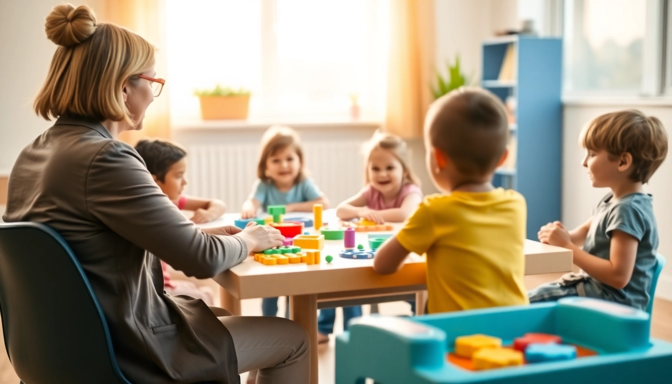 What is ABA therapy session illustrating a therapist working with children in a bright environment.