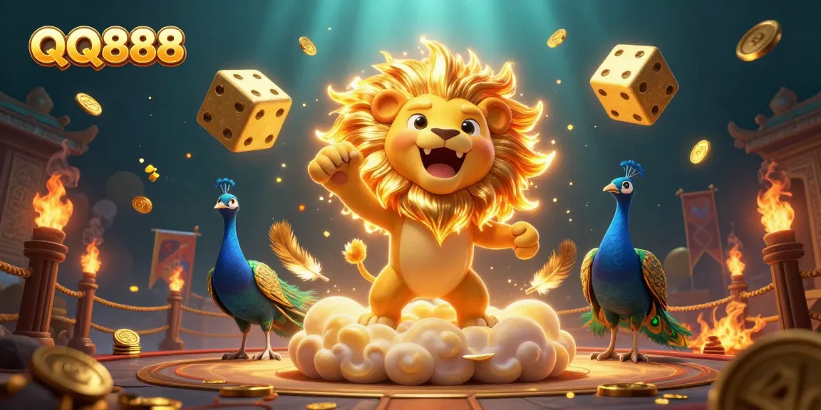 Experience the excitement of QQ888 with a roaring sun lion among casino elements, golden dice, and vibrant effects.