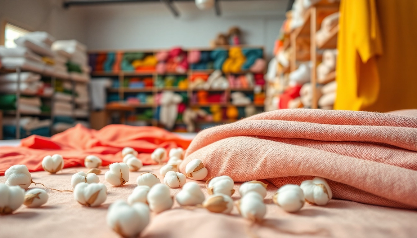 Katoen texturen en kleuren in een creatieve textielstudio met gedetailleerde stoffen.
