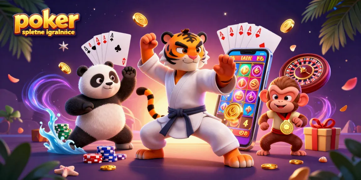 V poker spletne igralnice se tigrov mojster, panda, in zmaj zabavajo med igro z zlatimi žetoni.