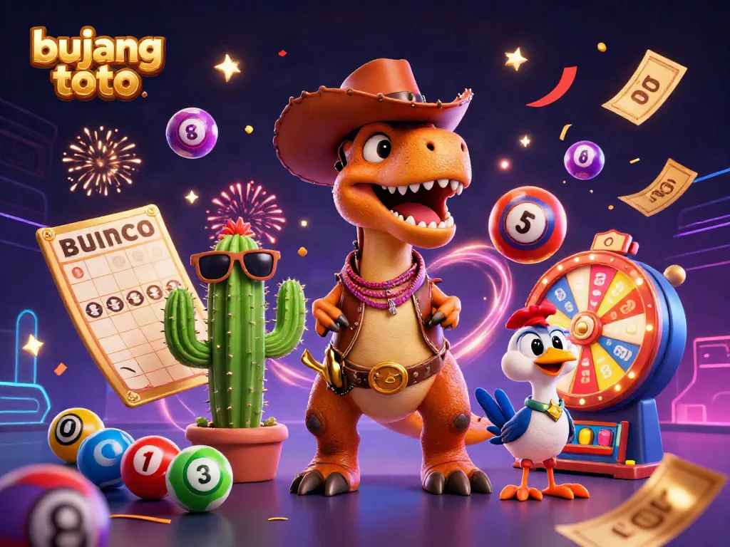 Engage in fun lottery games with bujang toto's dynamic cartoon scene featuring colorful balls and characters.