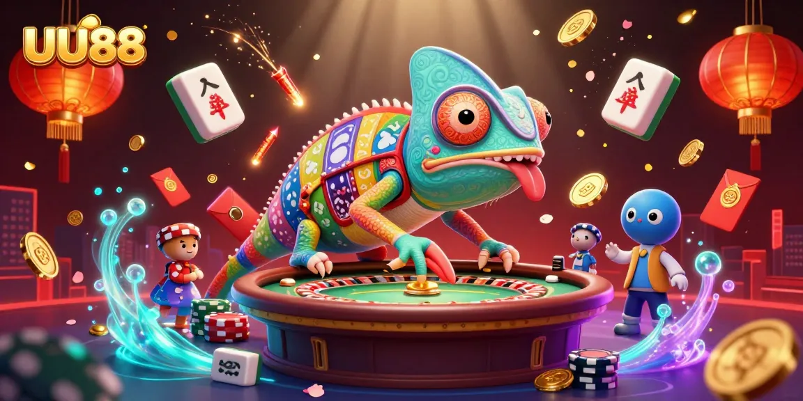 Engage with the vibrant UU88 gaming world, where the chameleon casino owner watches over dynamic mahjong and casino elements.