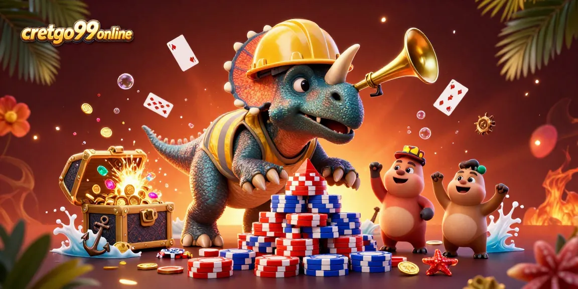 Join the fun at cretgo99online where a triceratops builds a poker chip pyramid amidst casino excitement.