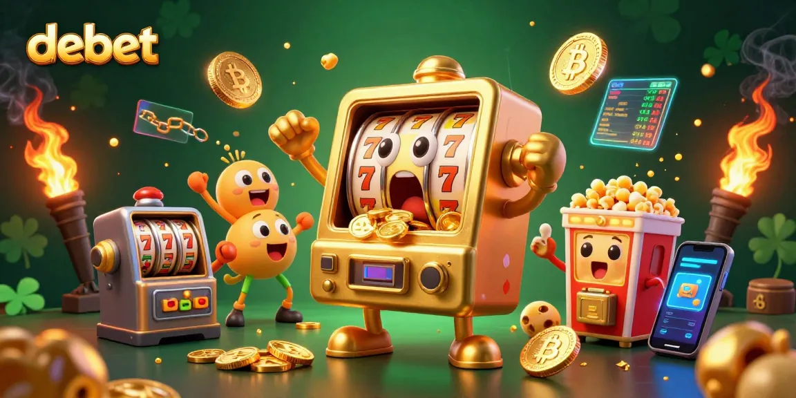 Spin to win with debet's dynamic slots featuring golden coins and cheering machines.