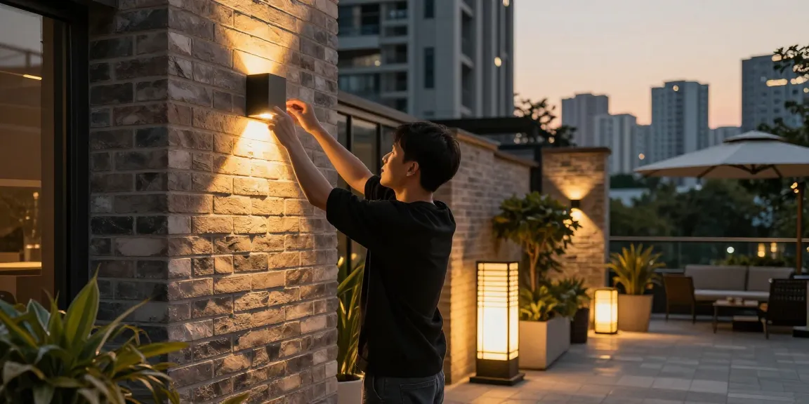 Instalare aplice led exterior pe un perete modern, iluminat cald la apus.