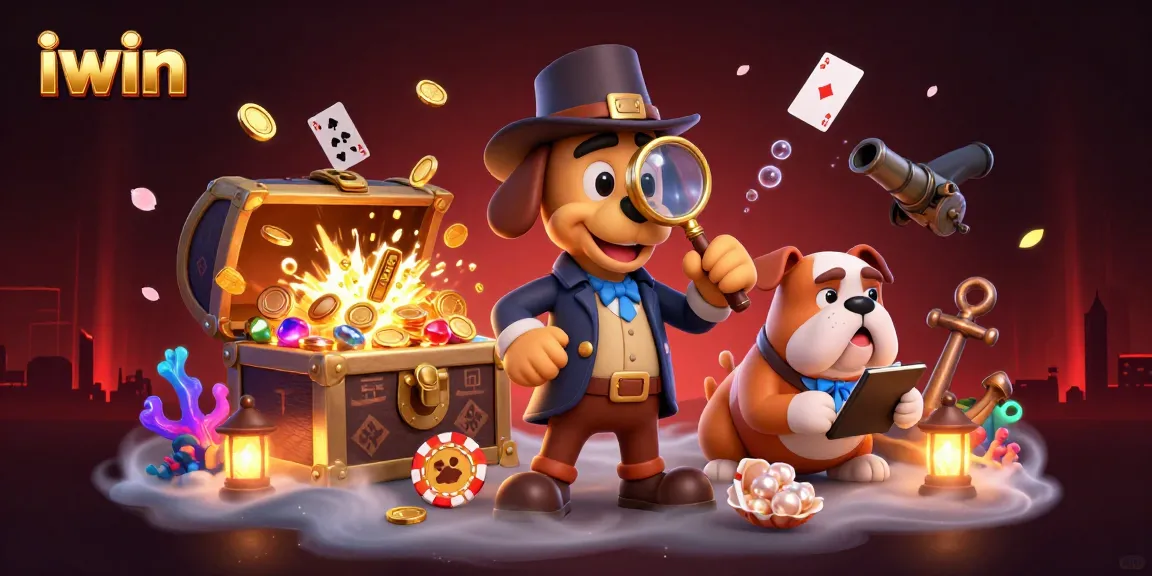 iwin showcases 3D cartoon detective uncovering poker chip treasures in a vibrant casino adventure