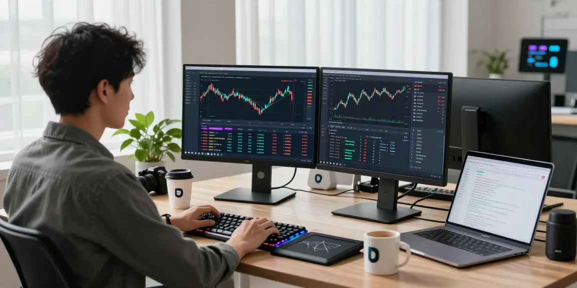 Dynamic financial technology workspace featuring futures WebSocket streaming API in action with developer coding and real-time data.