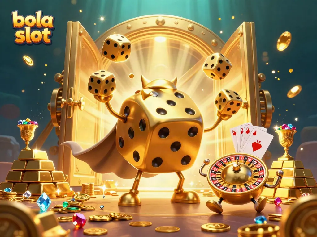 Spin and win big with bola slot, featuring a vibrant 3D illustration of golden dice and casino treasures.