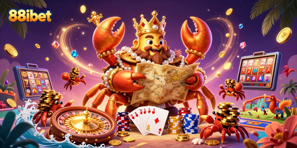 88ibet players strategizing their wins with vibrant games and a golden crab emperor themed illustration.