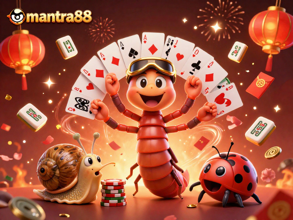 Join mantra88 with animated casino characters celebrating as the millipede dealer showcases winning cards.