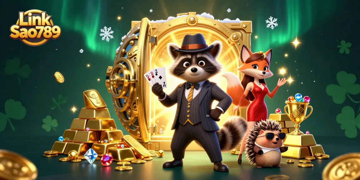 Experience thrilling wins at Link Sao789 with a colorful casino scene featuring charming characters and abundant treasures.