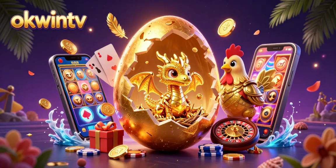 Experience exciting wins at okwintv with this vibrant 3D casino illustration of a golden dragon and gaming elements.