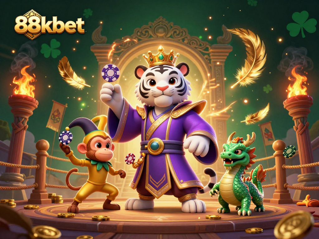 Experience thrilling jackpots at 88kbet with a dynamic illustration of engaging characters and casino elements.