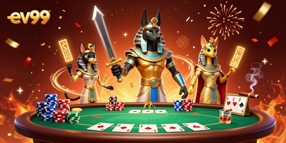 Experience the thrill of ev99 with an ancient Egyptian warrior and Bastet surrounded by poker elements.