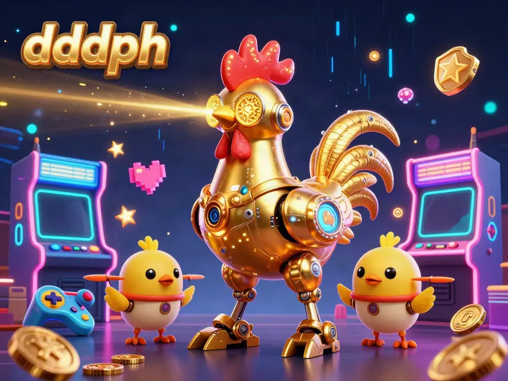 Experience dddph gaming with a vibrant scene of a golden rooster robot and dynamic arcade elements.
