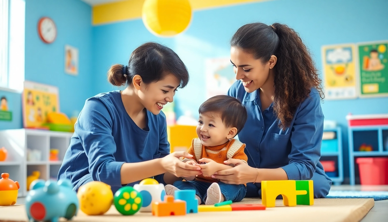 What is ABA therapy illustrated through a positive child-therapist interaction in a bright therapy room.