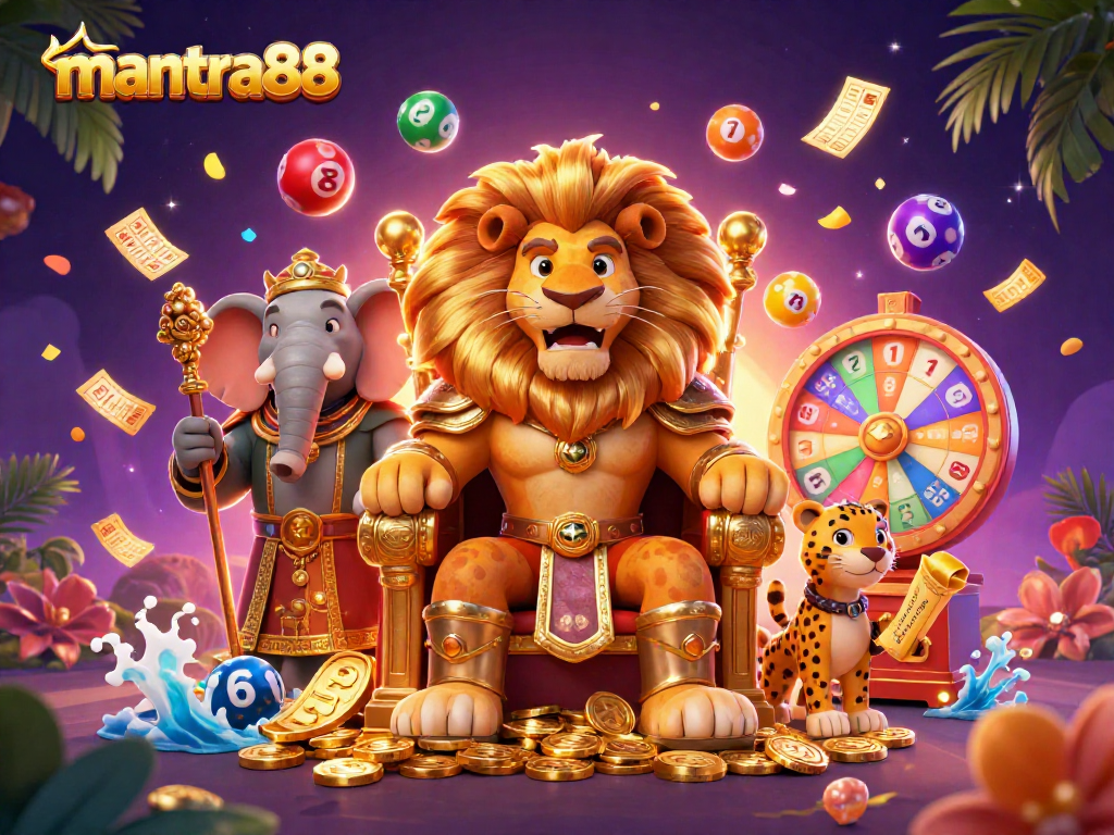 Experience thrilling games at mantra88 with vibrant lottery elements, a lion king, and dynamic visuals.