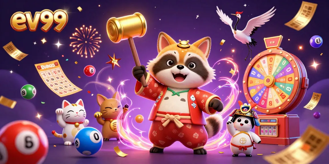 Experience the excitement of ev99 with a dynamic illustration of lucky symbols and casino elements.