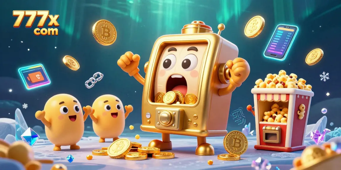 Experience the excitement of 777x com with a golden slot machine hitting jackpots and crypto coins floating around.