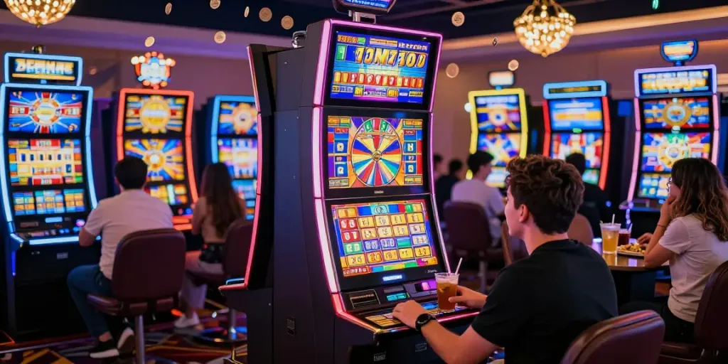Pengalaman seru bermain slot777 di kasino dengan mesin slot dan suasana meriah.