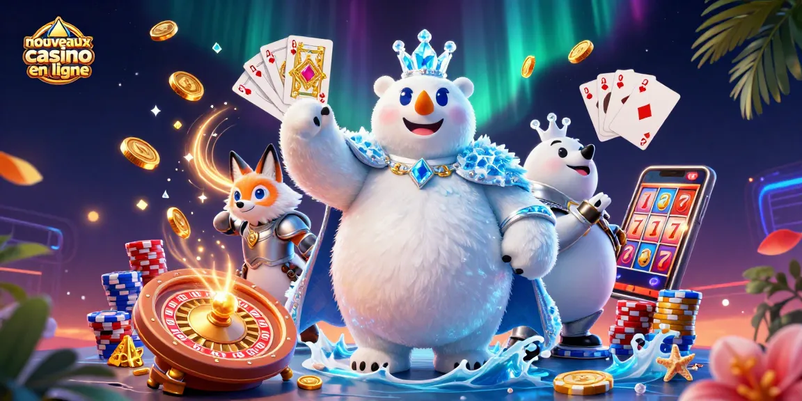 Jouez aux nouveaux casinos en ligne avec cette illustration vibrante mettant en scène un ours polaire royal, un renard et des éléments de jeu.