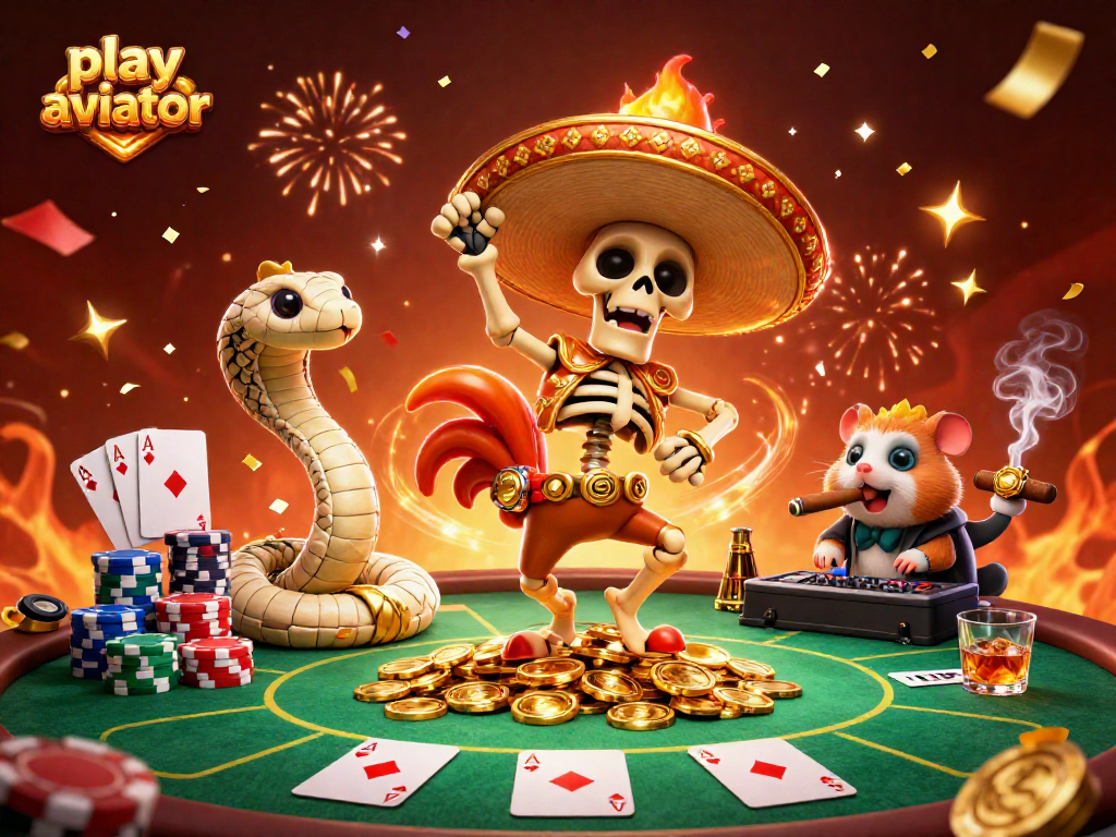 Play Aviator with a vivid scene featuring a skeleton mariachi and vibrant casino elements.
