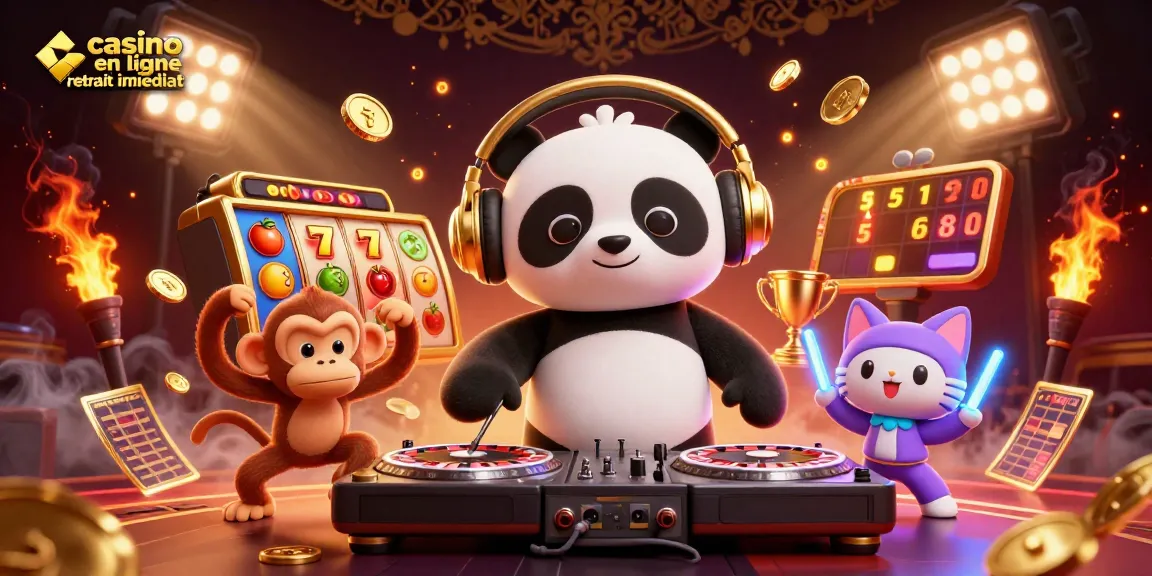 Jouez à casino en ligne retrait immédiat avec un panda DJ, un singe danseur et un chat en rave au casino.
