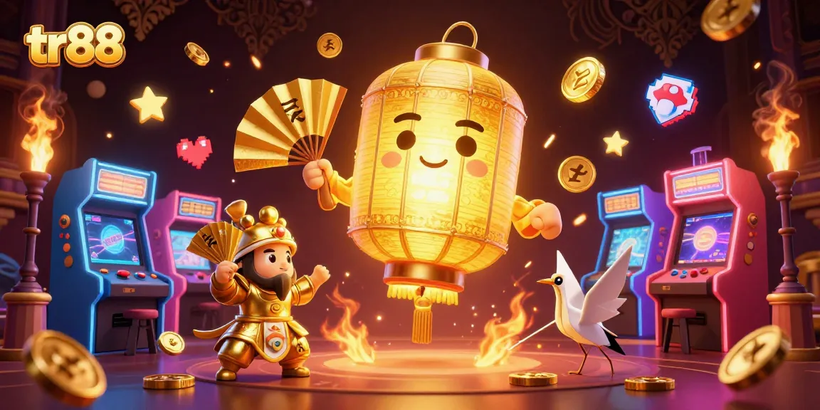 Experience the magic of tr88 with a vibrant casino scene filled with golden lanterns and arcade elements.