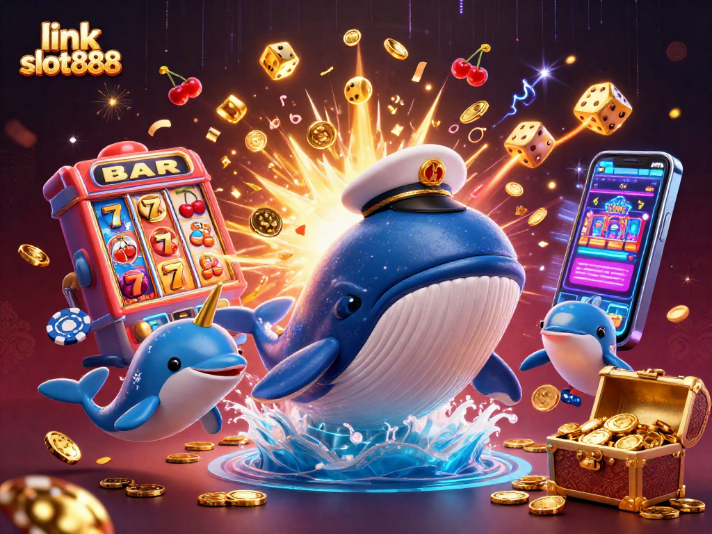 Engage with thrilling slot games at link slot888, featuring a dynamic casino scene with vibrant characters and elements.
