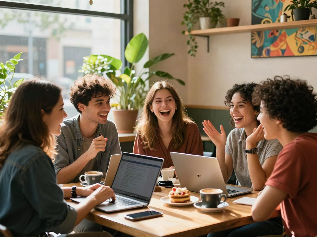 Young adults sharing stories about crush on relationships at a café