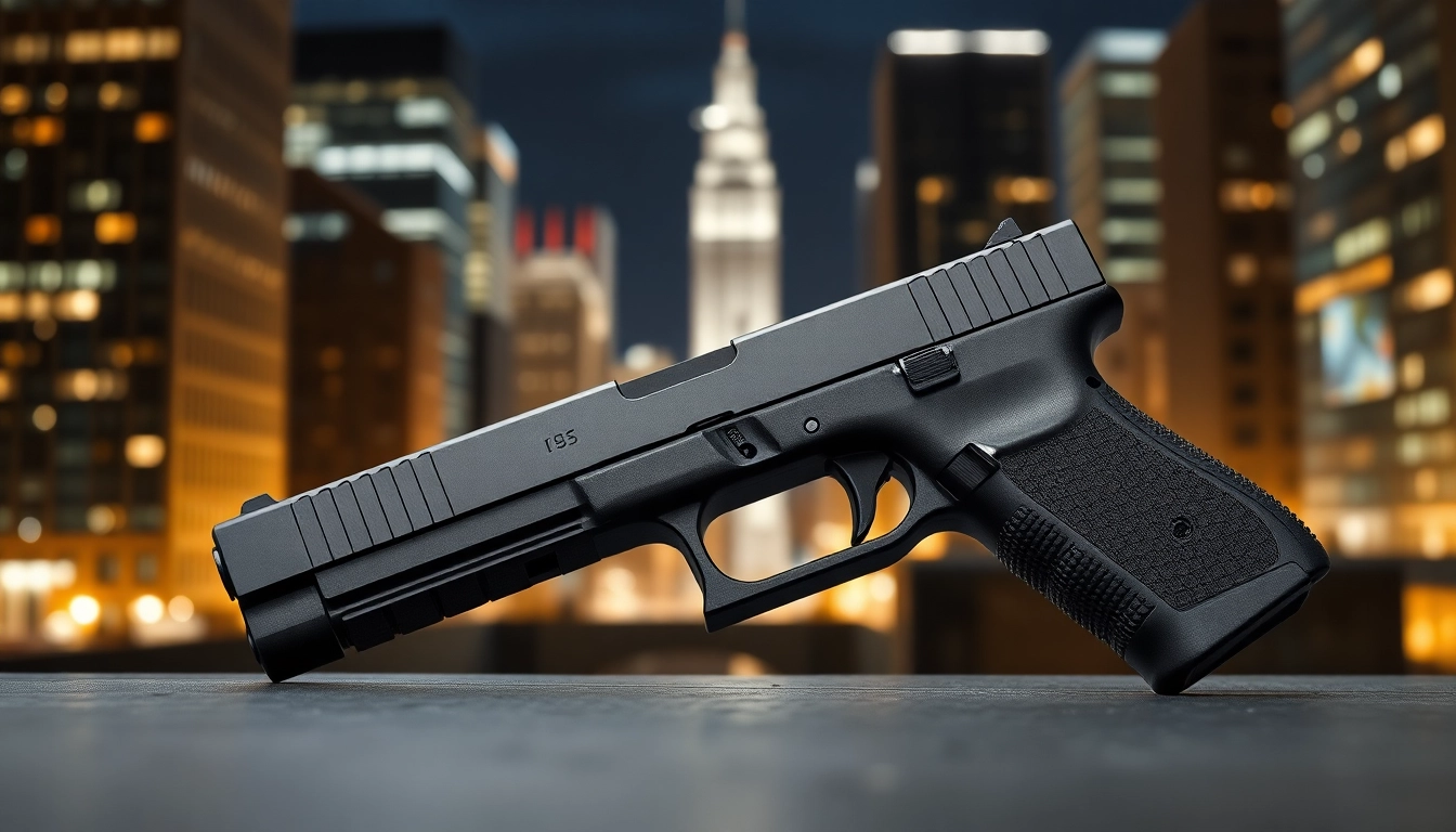 Showcase of a glock 17 gen 5 slide featuring detailed craftsmanship against a blurred city background.