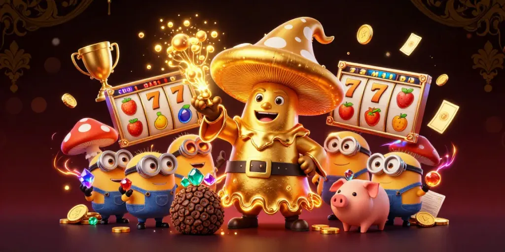 Spin the reels and grab golden treasures with QQSLOT's exciting gaming scene featuring a magical wizard.