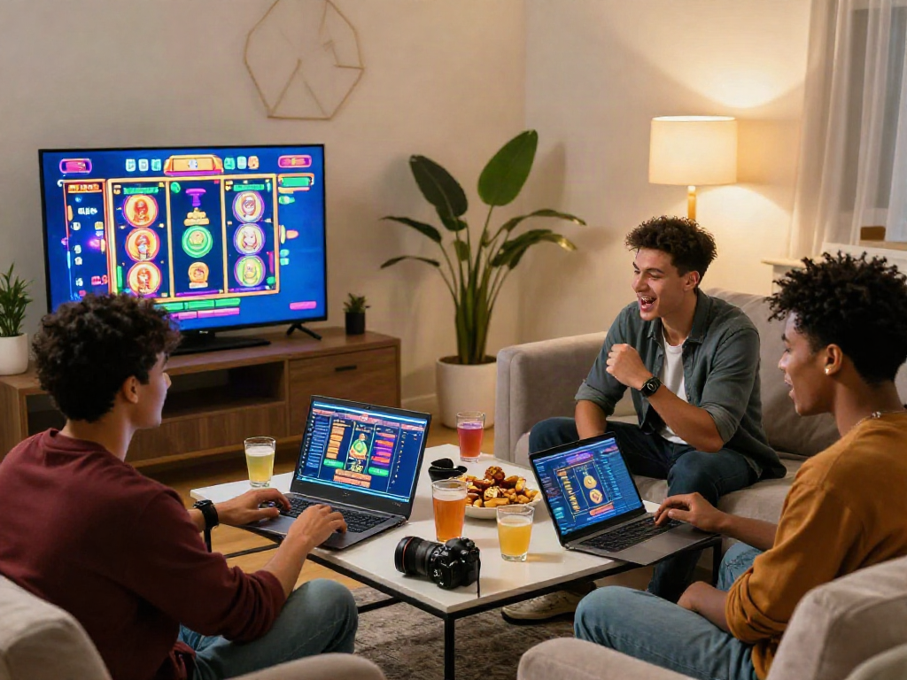 Friends enjoying situs judi slot online together in a cozy living room environment, engaging in an online gaming experience.