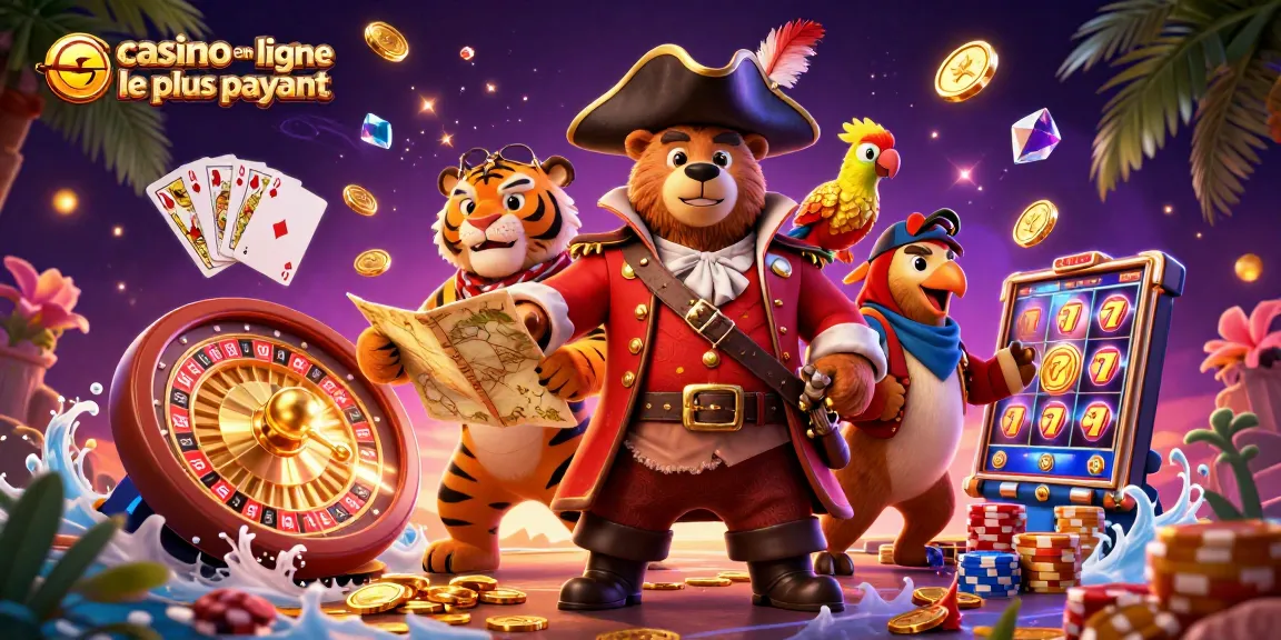 Visualisez un casino en ligne le plus payant avec des personnages animés entourés de pièces d'or et de jeux passionnants.