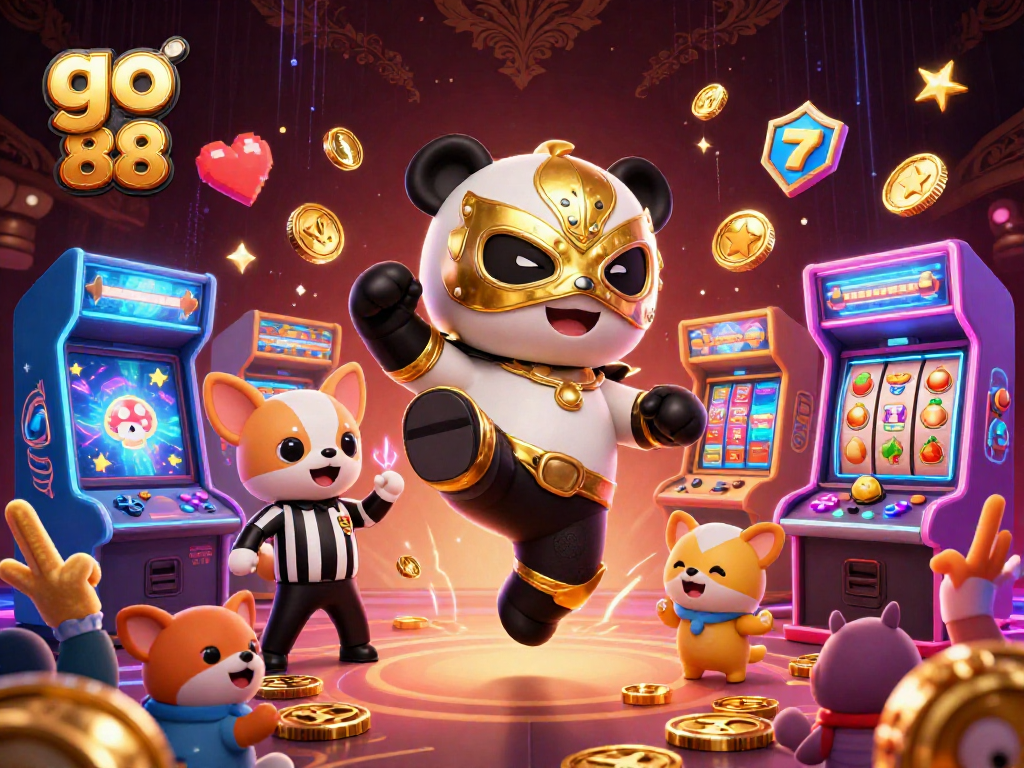 Engage with the thrilling go 88 casino adventure featuring a panda wrestler, colorful slot games, and a lively crowd.