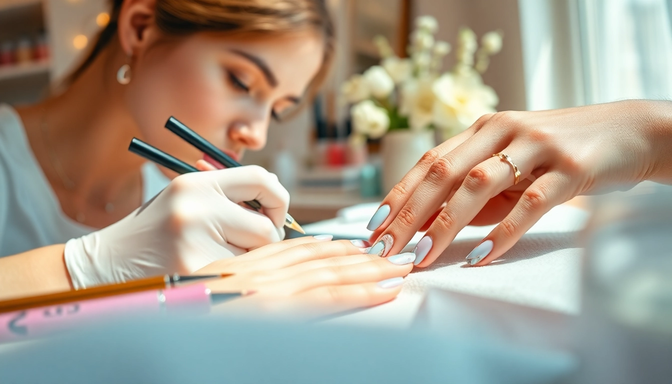 Admiring sculpted nails with intricate designs in a chic salon setting.